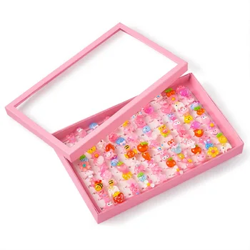 1 Kutu Sevimli Yüzükler çocuk Günü Takı Plastik Çocuk Yüzükler Kızlar için Hayvan Meyve Tarzı Reçine Cabochons Karışık Renk 14mm