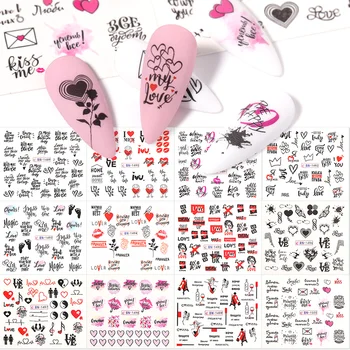 12 adet / takım Kalp Şeklinde Dudaklar Tasarımlar Su Çıkartmaları İngilizce Aşk Mektubu Çıkartmalar Çivi Tırnak Sanat Dekorasyon Kaydırıcılar Manikür DIY