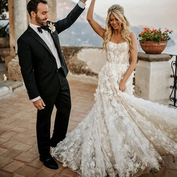 13886 # Lüks A-Line 3D Dantel Aplikler düğün elbisesi Zarif Kayış Spagetti Kolsuz gelin kıyafeti Straplez Robe De Mariée