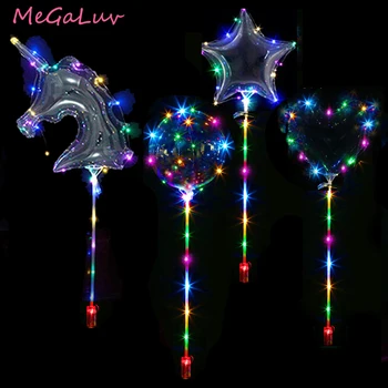 20 inç Yuvarlak Unicorn Yıldız Kalp ışıklı led lamba Sopa İle balon Düğün Dekor Doğum Günü Partisi Malzemeleri Temizle Kabarcık Balon