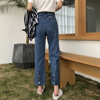 2021 İlkbahar Sonbahar kadın Moda Rahat Patchwork Düğmeler Cep Kot Pantolon Kadın Vintage Retro Yüksek Bel Pantolon Gevşek