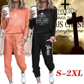 2021 Kadın İsa Logosu Spor Takım Elbise Spor Eşofman Takım Elbise Düz Renk Uzun kollu Koşu Üst + Pantolon (7 Renk) s-2XL
