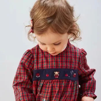 2022 İlkbahar Ve Sonbahar Japon Moda Marka çocuk giyim F Ev İşlemeli Elma Fransız Kırmızı Ekose Gömlek Etek