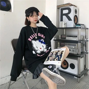 Anime Sanrio Siyah HelloKitty Baskı T Shirt Kadın Gevşek Üstleri Harajuku Uzun Kollu Punk Gotik Gevşek yazlık T Shirt Kız Hediye