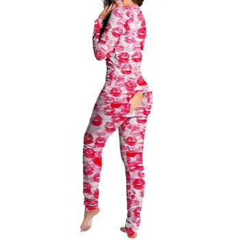 Aşk Kalp Baskı Onesies Kadın Tulum Kıyafeti Pijama Düğmeli Butt Flap Romper Pijama sevgililer Günü Pijama Mujer