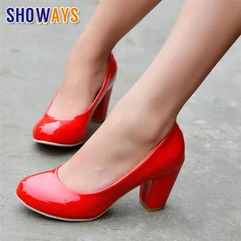Bahar Kadın Pompaları Tıknaz Blok Yüksek Topuklu Kırmızı Rugan Yuvarlak Ayak Rahat Ofis Slip-on Elbise Bayan ayakkabıları Zapatos Mujer