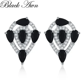 Basit 100 % Hakiki 925 Ayar Gümüş Takı Siyah Spinel Taş Yıldız Sevimli Parti Saplama Küpe Kadınlar için Bijoux Femme I063