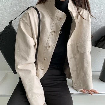 Bej PU Deri Ceket Kadın Sonbahar Kış Streetwear Tek Göğüslü Deri Ceket Kadın Kore Şık Corp Ceket Standı Boyun