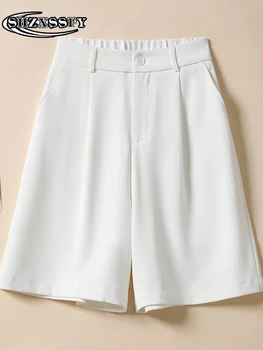 Beyaz Takım Elbise Şort Kadın 2022 Yüksek Bel Büyük Boy kadın Yaz Şort Düğme Cepler Düz Şort Bayanlar Diz Boyu Pantolon
