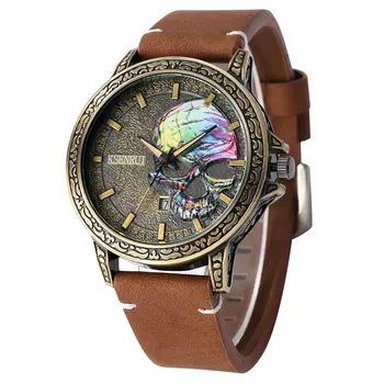 Bronz quartz saat Erkekler için Kahverengi Deri Kayış Kol Saati Vintage erkek Saatler Renk Kabartma Desen Tasarım Dial Takvim ile