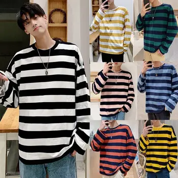 Büyük boy Erkek T Shirt Çizgili Kore Moda Uzun Kollu O Boyun Sonbahar Harajuku Vintage Gevşek Üstleri Pamuk Çift Giyim