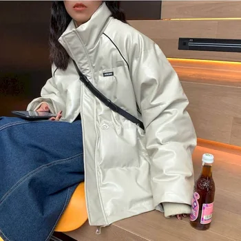 Deri kapitone ceket Kış Severler Hong Kong Tarzı Yakışıklı Kalın Sıcak pamuklu ceket Stand-up Yaka Ekmek Ceket Büyük Boy Trend