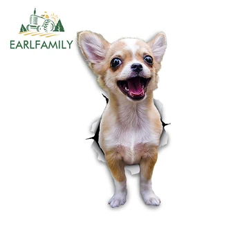 EARLFAMILY 13cm x 7cm 3D Köpek Araba Çıkartmaları Heyecanlı Chihuahua Çıkartmaları Duvar Buzdolabı Tuvalet Chihuahua Köpek Yırtık Yırtık Çıkartması