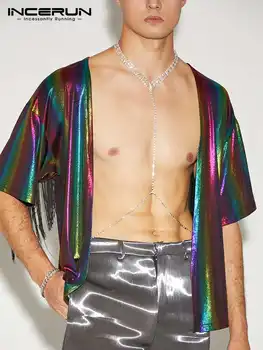 Erkek Gömlek Batik Patchwork Püskül Açık Dikiş Streetwear Yarım Kollu Moda Erkek Giyim 2022 Parlak Rahat Camisas 5XL INCERUN