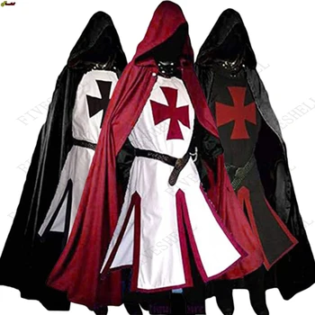 Erkek Ortaçağ Haçlı Tapınak Şövalyeleri Tunik Kostümleri Rönesans Cadılar Bayramı Cüppe Savaşçı Siyah Veba Pelerin Cosplay Üst