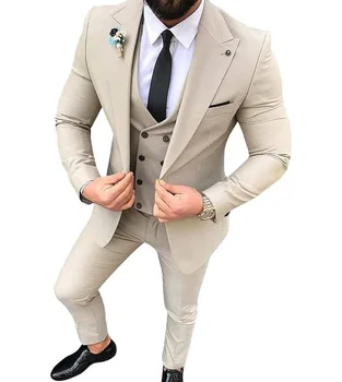 Erkek Takım Elbise 3 Adet Slim Fit Casual Groomsmen Ordu Yeşil Şampanya Yaka İş Smokin Resmi Düğün için(Blazer + Pantolon + Yelek)