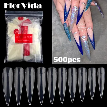 FlorVida 500 adet Set 5cm Süper Uzun Yarım Yanlış Nail Art İpuçları Doğal Şeffaf Akrilik Sahte Keskin Çivi Salon İçin Tasarım manikür kiti