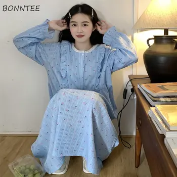 Gecelikler Kadınlar Uzun Kollu Sonbahar Yeni Kore Prenses Tatlı Kawaii Kız Basit Ins Ev Giyim Rahat Baskı Öğrencileri Şık Moda