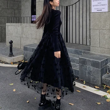 Gotik siyah elbise Kadın Parti Tek Parça Elbise Kore Saf Yaka İnce Y2k Midi Elbise Retro Zarif 2021 Kış Uzun Kollu Şık
