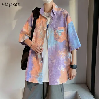 Harajuku Kısa Kollu Gömlek Gevşek Rahat Kravat Boya Renkli Baggy Sosyal Üstleri Cep Eklenmiş Kore Moda Yaz Hawaii Tatil