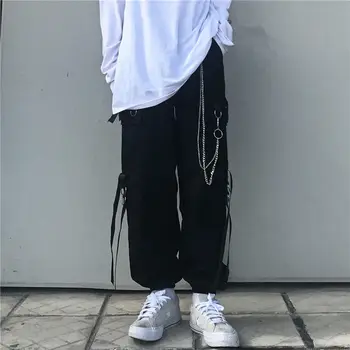 Harajuku Siyah Kargo pantolon Erkekler Kadınlar Punk Streetwear Kore Tarzı Moda Yüksek Bel Pantolon Bahar Artı Boyutu Pantolon Erkek
