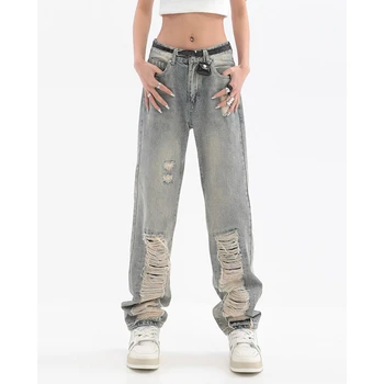 Kadın Giyim Düz Kot Sokak Yırtık Yüksek Bel Vintage Yıkanmış Geniş Bacak Pantolon Casual Baggy Bayanlar Denim Pantolon Yaz