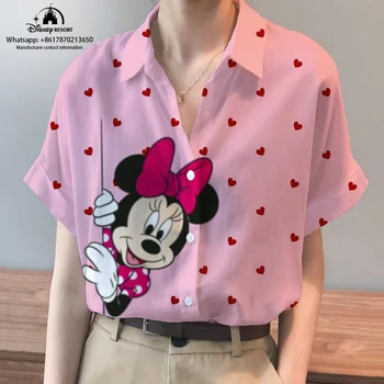 Kadın gömleği Disney Mickey Minnie Desen 3D Baskı Bayanlar Yaka Düğmesi Hırka Gömlek 2021 Yaz Bayanlar Kısa Kollu Gömlek
