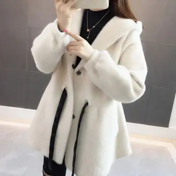 Kadınlar 2020 Sonbahar Kış Taklit Vizon Kaşmir Örme Hırka Yeni Kadın Kazak Mont Kapşonlu Casual Sıcak Giyim G546
