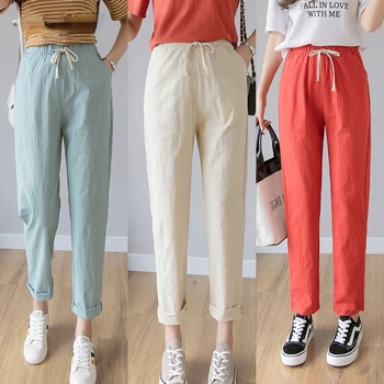 Kadınlar Casual Harajuku Uzun Ayak Bileği Uzunluğu Pantolon 2022 Yaz Sonbahar Büyük Katı Elastik Bel Pamuk Keten Pantolon siyah pantolon