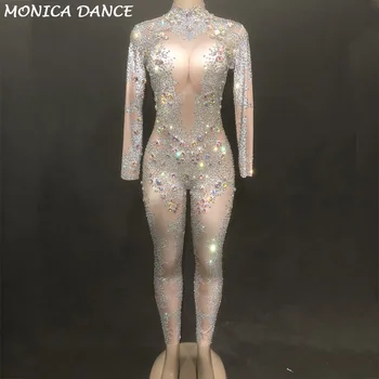 Kadınlar Seksi Sahne Dj Tulum Mavi Elmas Net İplik Dolu Köpüklü Kristaller Bodysuit Gece Kulübü Parti Dansçı Şarkıcı Sahne Giyim