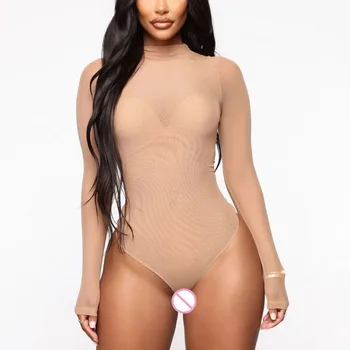 Kadınlar Seksi See-Through Bodysuit Tek parça Katı İç Çamaşırı Uzun Kollu Tulumlar Bayan Moda Elastik Net İplik Bodycon Erotik Takım Elbise