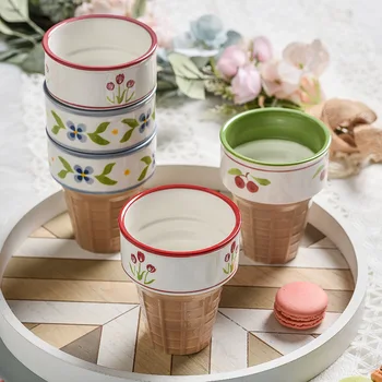 Kore Yaratıcı Lale Kiraz Çiçeği Istiflenebilir Porselen Kahve Kupaları Sevimli Dondurma Yoğurt Süt Çay su bardakları Mutfak Drinkware
