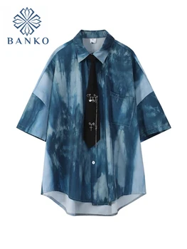 Kravat Boya Mavi Bluz Kadın Moda Kısa Kollu Turn-aşağı Yaka Streetwear Casual Gömlek Gevşek Kravat Elbise Harajuku Kadın