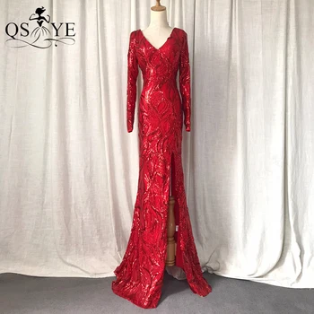 Kırmızı Uzun Kollu Abiye Pullu Mermaid Balo elbisesi Seksi Bölünmüş Derin V Boyun Parti Kıyafeti Glitter Desen Dantel Resmi Elbise