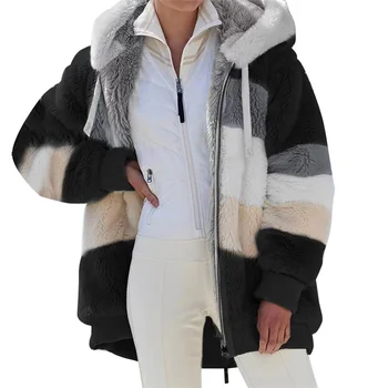 Kış kadın Ceket Moda Rahat Dikiş Ekose Bayan Giyim Kapşonlu Fermuar Bayan Ceket Peluş Kadın Ceket Yeni