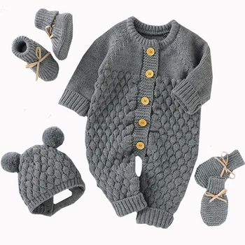 Kış Sıcak Örme Bebek Tulum Bebek Ayakkabı + Eldiven Elbise Sonbahar Yenidoğan Erkek Kız Tulum Kıyafet Yürüyor Bebek Triko