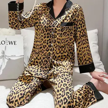 Leopar Yaka Kıyafeti Yaz Kadın Pijama 2 ADET Pijama Takım Elbise Düğmeleri İle Seksi Loungewear Ev Giysileri Baskılı İç Çamaşırı
