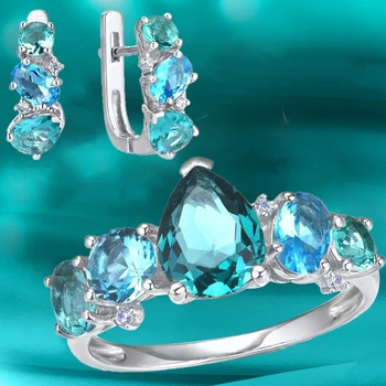 Lüks Tasarımcı Akuamarin Mavi Kristal takı seti Kadınlar için Gelin Düğün Nişan Yüzüğü Küpe Sevgililer Günü Hediyesi Takı