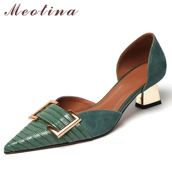 Meotina Kadın İki Parçalı ayakkabı Hakiki Deri Yüksek Topuklu Pompalar Metal Dekorasyon Kalın Topuklu kadın ayakkabıları Bahar Yeşil 33-40
