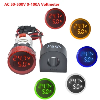 Mini Dijital Voltmetre Ampermetre 22mm AC 50-500V 0 - 100A Amp Gerilim Akım Ölçer Cihazı Çift LED Göstergesi Pilot lamba ışığı w/ CT
