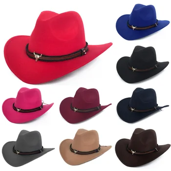 Moda Metal İnek Kafası Batı kovboy şapkası Sonbahar ve Kış Yün Caz Kapaklar Keçe Şapkalar Unisex Üst Kapağı Giyim Aksesuar Hediye