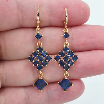Moda takı altın Renk Mavi CZ Zirkon Geometrik Kare Bloklar Damla Küpe Kadınlar için