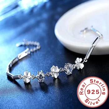 Muhteşem 925 Ayar Gümüş Zirkon Şanslı Yonca Bilezikler Kristaller Zincir Kadınlar İçin Sevgililer Hediye Düğün Sevimli Takı