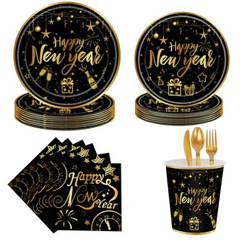 Mutlu Yeni Yıl Doğum Günü Partisi Süslemeleri Tek Kullanımlık Sofra Seti Tabak bardak peçete Siyah Altın Tema Düğün Çocuk Parti Malzemeleri
