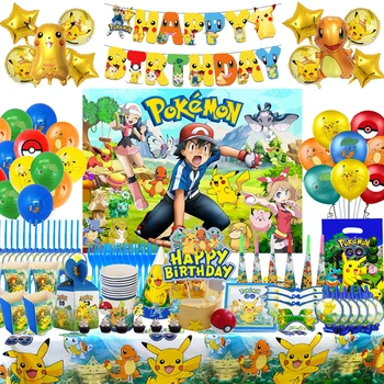 Pokemon Tema Doğum Günü Süslemeleri Pikachu Mutlu Doğum Günü Zemin Afiş Balonlar Kağıt Sofra Seti Çocuklar Parti Malzemeleri