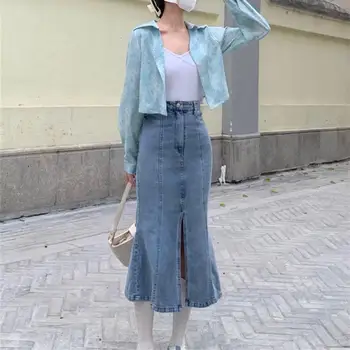 Retro Yüksek Bel Bölünmüş Fishtail Kot Etek Yaz Yeni Ins Tüm Maç Orta uzunlukta Kalça Etek Kore Moda kadın kıyafetleri