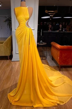 Sarı Seksi Balo Elbise Parti resmi giysi Önlük Uzun Sweep Tren Kolsuz Backless Özel Tasarım Custom Made Vestidos De Gala