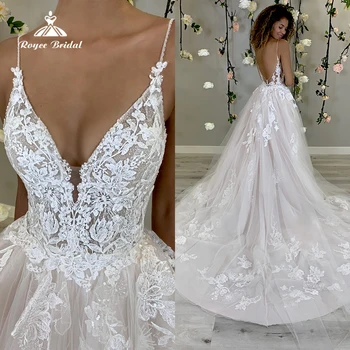 Seksi V Boyun Glitter Dantel Korse Tül Bir Çizgi düğün elbisesi 2023 Boho Spagetti Sapanlar Aç Geri gelin kıyafeti Süpürme Robe De Mariée