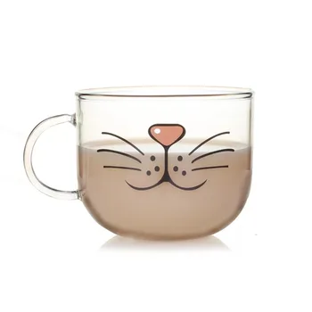 Sevimli Kedi Kitty Domuz ağız sakal Boronsilikat cam kahve fincanı Şeffaf Su Bardağı 550ML Kedi Yüz Kahve Çay Süt Kahvaltı