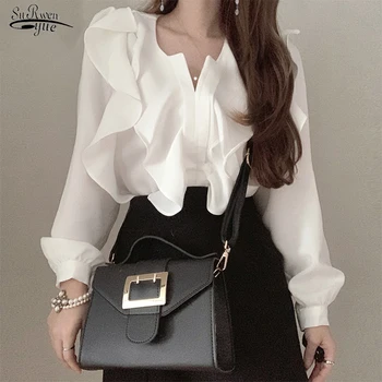 Sonbahar Yeni Beyaz Uzun Kollu Gömlek Bluz Zarif Ruffles Kadın Üstleri Giyim V Yaka Katı Blusas Mujer De Moda Verano 13342